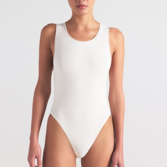 SKIMS White Cotton Blend Stretch Snap Crotch Bodysuit 37276 - Picture 1 of 7